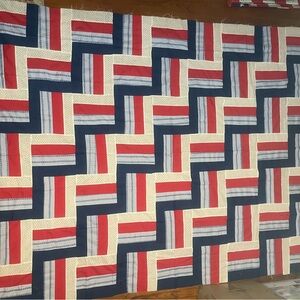 Striped Patchwork Quilt Top in Red, Navy & Cream - Home Bedding NOT A QUILT YET